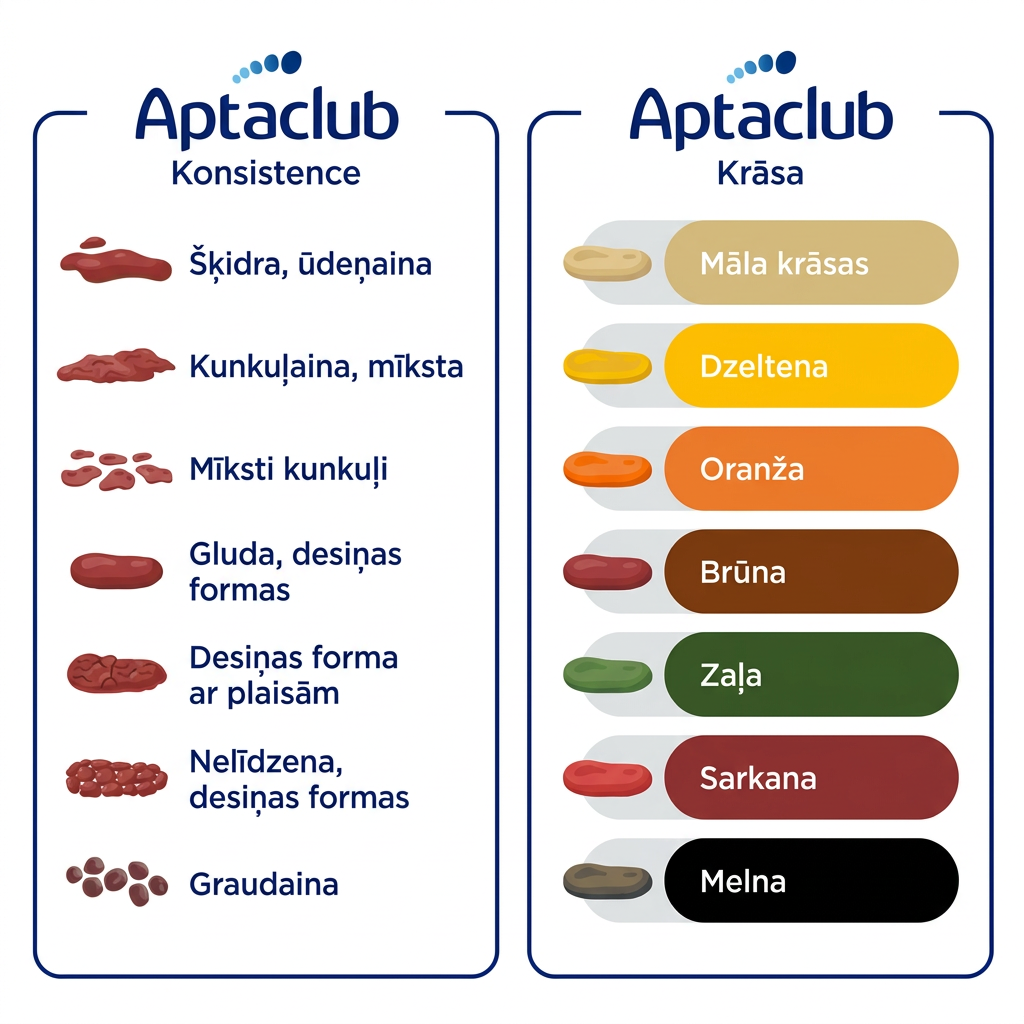 Mazuļa kakas krāsu un konsistences ceļvedis Mazuļa kakas krāsu un konsistences ceļvedis, kas palīdz izprast dažādus vēdera izejas veidus.